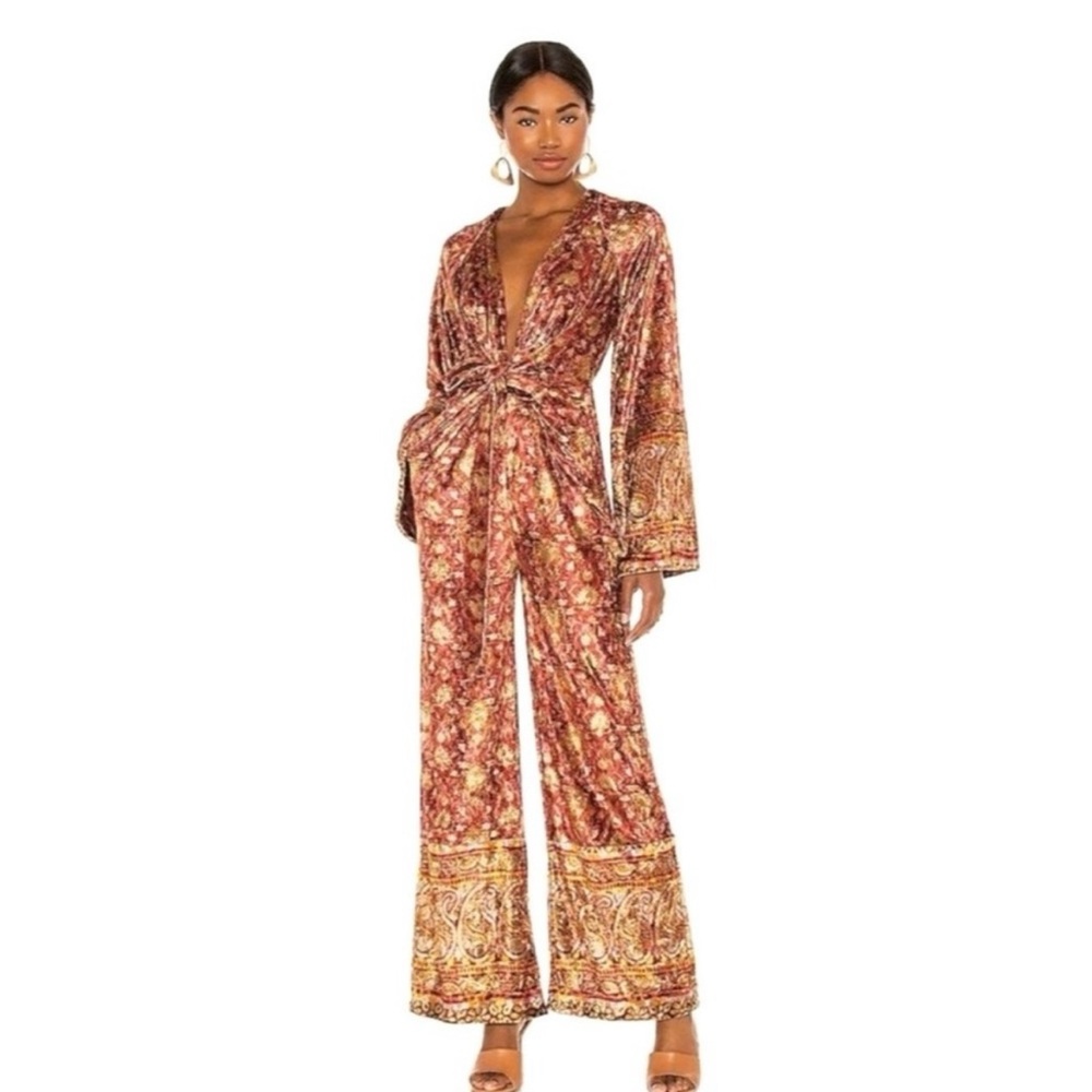 Free People Harper velvet printed jumpsuit in red multi